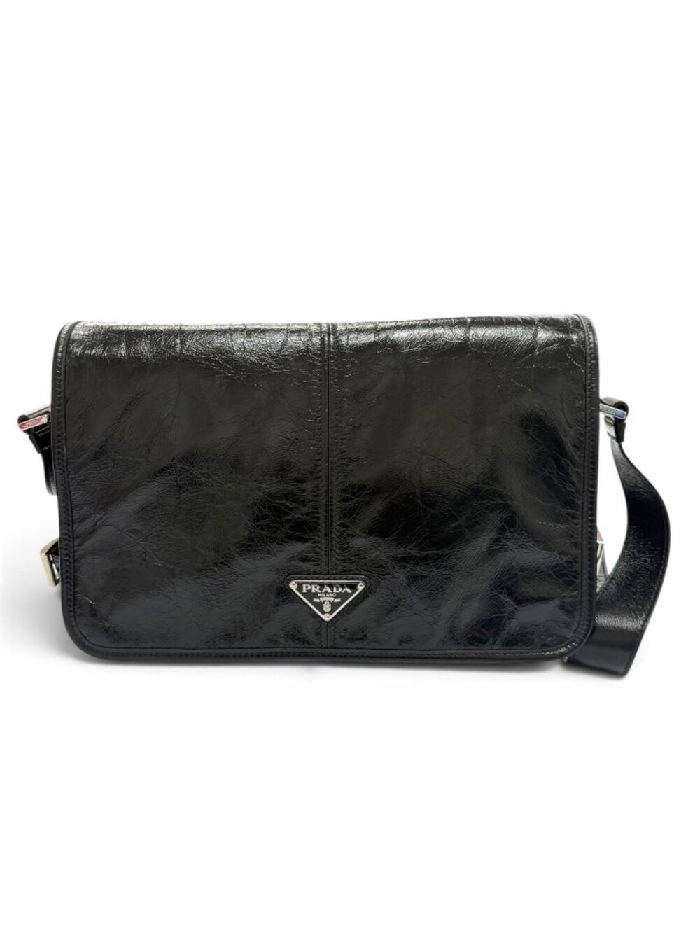 Prada Soft Looks Leather Triangle Logo Plate Shoulder Bag Black